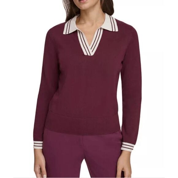 Tommy Hilfiger Sweater | XL | Burgundy | V-Neck | Cotton Knit with Striped Trim - Picture 1 of 8
